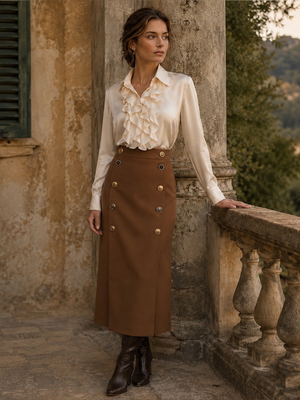 PINKO Italy Burrasca Heavy Crepe Button Cognac Brown Midi Pencil Skirt, 10 Rare!